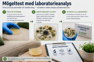 Framsida 13 Laboratorieanalys av mögeltest steg för steg – provtagning på petriskål, bedömning av tillväxt och laboratorieanalys vid behov.
